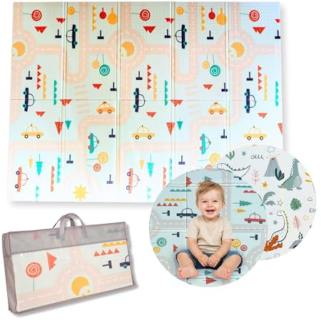 Family Nation, Tappeto Gioco Bambini Pieghevole Montessori 2 in 1, 180x150cm, Reversibile e Atossico, In Morbida Schiuma, Impermeabile e Antiscivolo, Fantasie Dino Friends