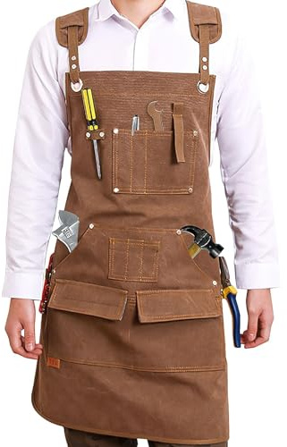 YFNVH Tablier de Travail en Toile 16 oz avec 12 Poches, Tablier de Menuisier Professionnel avec Bretelles Croisées Ajustables, Tabliers Résistant pour Bricolage, Soudure, Jardinage, BBQ, 63 x 75 cm