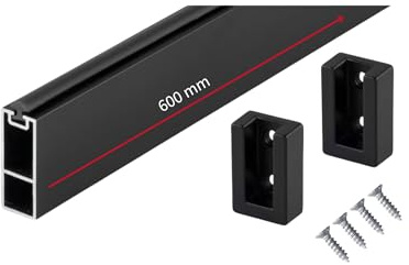Gedotec klädstång SVART MAT 600 mm, designklädhängare med gummiupplaga, fyrkantig väggmonterad klädstång 30 x 12 mm, 1 set skåprör inklusive fästmaterial och 2 skåprörlager