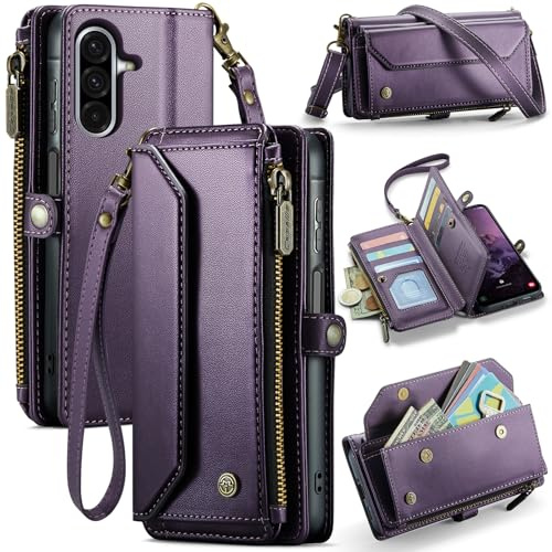 FONREST Läderväska väska fodral för Samsung Galaxy A17 5G, magnetisk flipklaff plånboksfodral med ställ 10 RFID-blockerande korthållare kontantplats dragkedja ficka crossbody snodd handledsrem (lila)