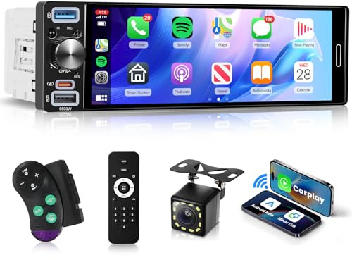 Hodozzy Radio Coche 1 DIN con CarPlay Android Auto Inalámbrico, Pantalla Táctil Incell de 6,5 Pulgadas Estereo Coche con Bluetooth, Radio Am/FM/RDS, EQ, Mirror Link, Control en el Volante, USB/Tipo C
