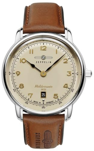 Zeppelin 9640-5 Méditerranée - Orologio da uomo - cassa in acciaio inox, movimento al quarzo svizzero, cinturino in pelle marrone, 40 mm