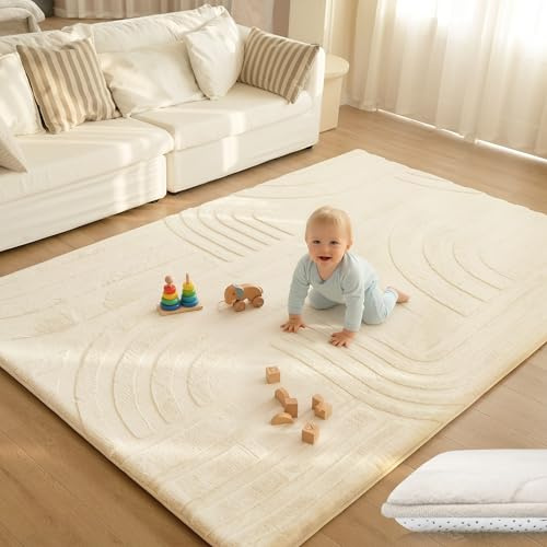 Huloo Sleep 1.3 Thick Area Rug for Living Room Bedroom, 6'×9' Large Kids Rug with Ultra Soft 3D Carved Faux Rabbit Fur, Non-Slip Fluffy Carpet Nursery Rug for Playroom Home Decor (Cream)