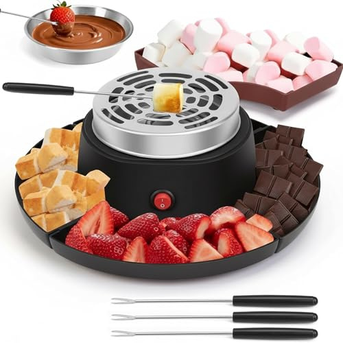ZFFLYH 2 in 1 Smores Maker Tabletop Indoor Fondue Set, Smores Maker Tabletop Indoor Kit with Removable Trays & 4 Skewers Unique Couple Gift Set Idea, Parties, Date & Movie Night Supplies,Black