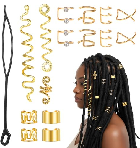 Yuomeaz 15 stycken gyllene hårpärlor smycken, metallpärlor för hår, olika stilar guld hårberlocker för flätor, dreadlocks tillbehör för kvinnor, män