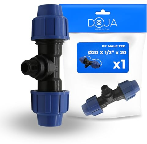 DOJA Barcelona Raccordo a T Maschio a Compressione MDPE - 20x1/2x20 - Connettore a T per Tubi PE a Innesto Rapido, Ottimo Serraggio, Raccordi a Compressione Anticorrosione per Acqua Potabile