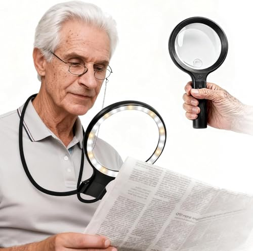 beseloa 5X 10X Hands Free Magnifying Glass 3 Color with Light Gooseneck Magnifier for Reading LED Large Magnifier for Books Handheld, 3 in 1 Neck-Worn & Desktop Use for Seniors
