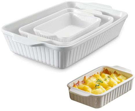 3Pack Lasagne Dish, 2QT/1.2QT/1.1QT White Ceramic Baking Dish | Rectangular, Baking Pan with Handles, Oven Safe and Durable Bakeware for Lasagna, Gifts for Mother.