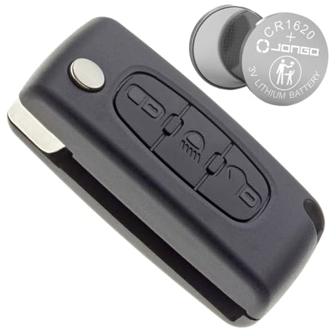 Jongo® CE0523 Kit Komplett Schlüsselgehäuse Kompatibel mit Citroën C4 Picasso Grand Picasso C5 + CR1620 Batterie Plip Fernbedienung 3 Tasten Ohne Klinge
