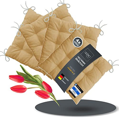 LILENO HOME 4er Set Stuhlkissen Taupe (40x40x6 cm) - Sitzkissen für | Gartenstuhl, Küche oder Esszimmerstuhl - bequeme UV-beständige indoor u. outdoor Stuhlauflage als Stuhl Kissen