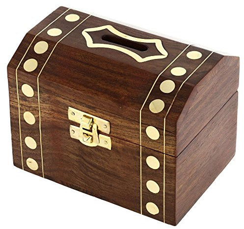 Ajuny en Bois Tirelire Décorative Fabriquée à la Main avec Incrustation en Laiton à Pois Motif économiseur d'argent Boîte de Rangement Trésor Gardien pour Enfants et Adultes Cadeaux