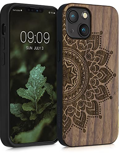 kwmobile Hülle kompatibel mit Apple iPhone 13 mini Hülle - Holz Case - Handy Cover - TPU Handyhülle in Dunkelbraun Aufgehende Sonne