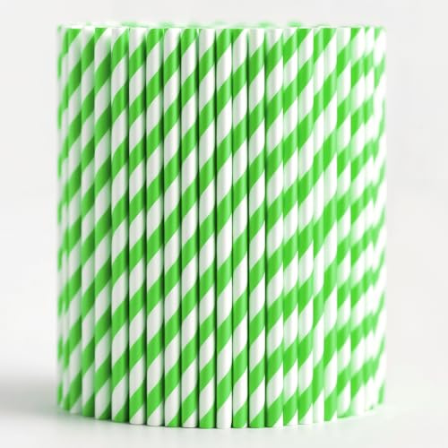 Trimming Shop Gestreifte Papier-Trinkhalme – 100 % kompostierbar, robust und nicht trüb – lebensmittelechte Tinte, umweltfreundlich, mehrschichtig, grün und weiß, 100 Stück