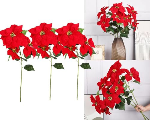 Liuyoyo 3 x künstliche Weihnachtsstern-Sträucher, 78,9 cm, künstliches Rot, 7 Stiele, Samt, Weihnachtsstern, Blumen, Weihnachtsstern, Blumen-Plektren