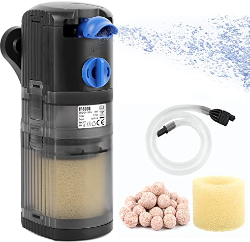 OMECO Aquarium Filter Innenfilter klein 500L/H Aquarium Filterpumpe Leise 8W Einstellbarer Aquarienfilter mit Sauerstoffversorgung und Filtration Zubehör Aquarium Filter 30l 60l 120l Süß-und Meer