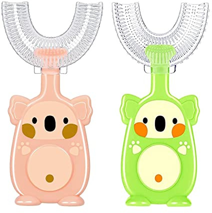 Kinder U-förmige Zahnbürste, 2 Stück Kinderzahnbürste U Form, 360 Grad Zahnbürste für den Ganzen Mund, Silikon Kinderzahnbürste U Form 2-4 Jahren (Pink + Grün)