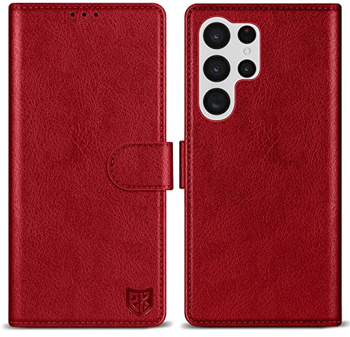 ZZXX for Samsung Galaxy S22 Ultra Wallet Case with [RFID Blocking] Card Slot Kickstand Magnetic Closure Leather Flip Fold Protective Phone Case for Galaxy S22 Ultra 5G Case Wallet(Red-6.8 inch)