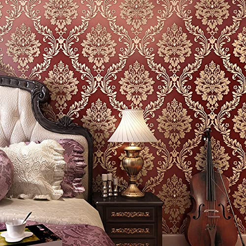 Q QIHANG Europäische Luxus-3D-Blumen-Damast-Tapete für Schlafzimmer Wohnzimmer Hintergrund Retro Home nicht geklebte Tapetenrolle 4,5 cm B x 92,8 cm L (rot)