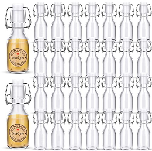 ZSMKJIAYE 30 mini botellas de vidrio con tapa abatible con tapones, botellas de vidrio pequeñas con tapas, calcomanías redondas adhesivas de papel kraft para recuerdos de fiesta temática de boda (120