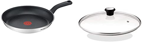 Tefal Comfort Max 26 cm Frying Pan, Premium Stainless Steel, Thermo-Spot Temperature Indicator, Non-Stick Coating, Induction G7260544, Black, Silver & 28097612 Compatible Glass Lid, 26 cm