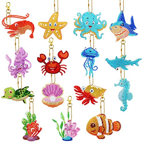 Jodsen 15 Pieces 5D DIY Diamond Painting Keychain Ocean Series Full Drill Diamond Painting Key Rings Kits Diamond Art Keyrings Crystal Rhinestone Pendant Decoration Art Craft for Girls Women