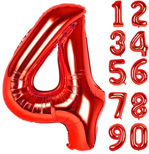 LAPONO Zahlen Luftballon 4 Rot, Folienballon Zahl 82 × 55 cm, Helium Geeignet mit Aufblashalm, Selbstschließendes Ventil, Geburtstag Deko Party Foto für 4 14 40 Jahre, Jubiläum Tischdeko