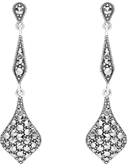 Gemondo USA 925 Sterling Silver Art Nouveau Pave Set Marcasite Drop Earrings