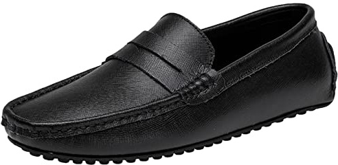 ANUFER Män Klassisk Penny Loafers Platt Glida på Mjuk Skrapa Läder Mockasiner Körskor, Svart, 41 EU