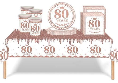 53Pcs Rose Gold 80th Birthday Party Tableware Decorations - Table Cloth, Plates, Napkins, Cups Sets for Her Women's 80th Birthday Gifts Dinnerware Supplies