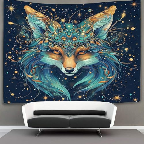 CTAMM Fuchskopf Tapisserie Wandbehang, Sternenmuster Tapisserie-Wandteppich-Dekor Für Wohnzimmer,Schlafzimmer,Wohnheim 150cmx200cm