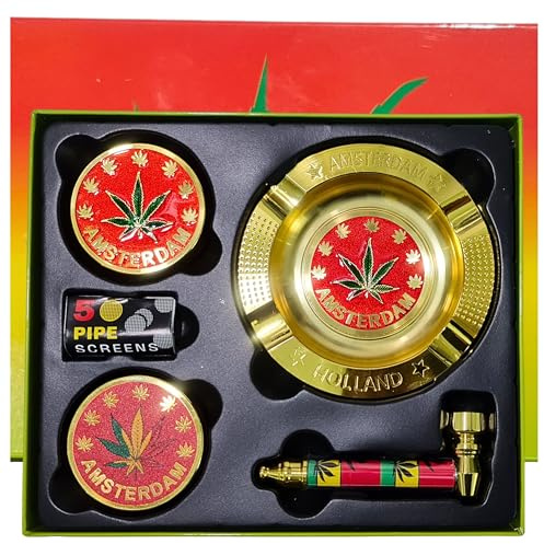 Zactly Exclusive 5 in 1 Smoker Smoking Accessories Kit 2 Collection Bundle, Tobacco Metal Ashtray + 4-Tier Crusher + Smoking Pipe + Steel Mesh/Filter and Presentable Gift Box (Red Design)