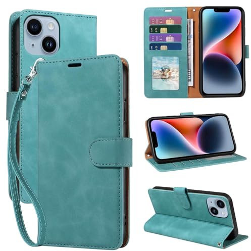 GOTOURED Étui de protection à rabat en cuir souple pour iPhone 14 avec blocage RFID, 4 emplacements pour cartes, dragonne, béquille, fermeture magnétique, résistant aux chocs (vert)