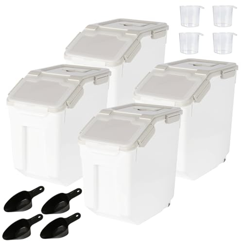 Uotyle 4Pcs 15L Airtight Cereal Containers with Wheels & Scoop (Grey) | BPA-free, food-grade PP, 6 buckles airtight seal, leak-proof, includes measuring cup, for rice, flour, pasta, pet food