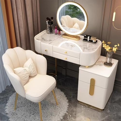 MiaJJooLi Toilette Trucco Tavolo da toeletta con sedie e specchio a LED, tavolo da toeletta con 5 cassetti, camera da letto, scrivania per ragazze