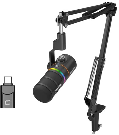 COMICA D10 Pro A Dynamisches XLR-USB-Mikrofon mit Empfänger-Galgenarmständer für Gaming-/TikTok-/Podcast-Aufnahmen, unterstützt RGB-Licht-Stummschalttaste für PC, Smartphone, Computer (schwarz)