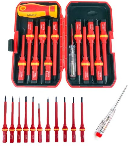 Schraubendreher Set 13-teilig, isoliert 1.000 V, Magnetischer mit dünner Spitze Schlitz/Kreuz/Kreuzschlitz/Torx/Plusminus/Spannungsprüfer Elektriker Werkzeug mit Aufbewahrungskoffer