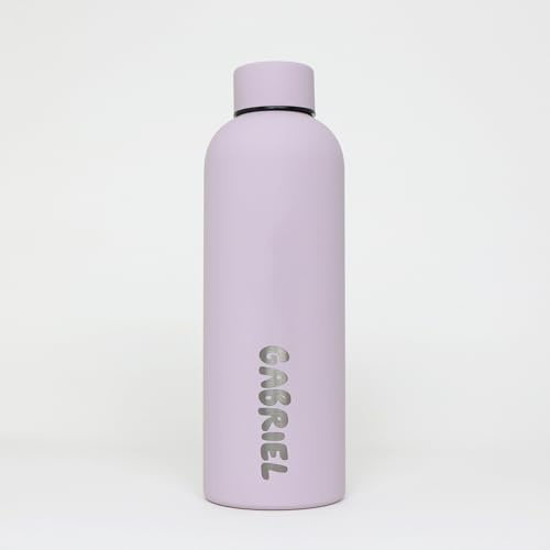 Botella de agua aislada personalizable, perfecta para la escuela, viajes, oficina, gimnasio en cualquier lugar, nombre pequeño, grabado con láser (lila)