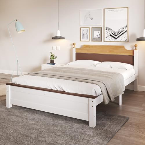FQMOZY Holzbett Doppelbett 140x200 cm, Bett mit Lattenrost, Kopfteil und Mittelfuß, Massivholzbett Jugendbett Gästebett Bettgestell Bettrahmen Erwachsenenbett, Kiefernholz+MDF, Ohne Matratze, Weiß