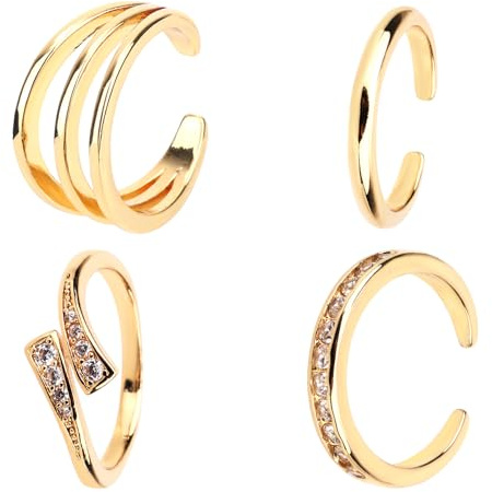 Mikovivi 4pcs Toe Rings for Women, Adjustable Beach Open Toe Rings Set Minimalist CZ Triple Row Crystal Hug Band Stylish Summer Foot Jewelry (Gold)