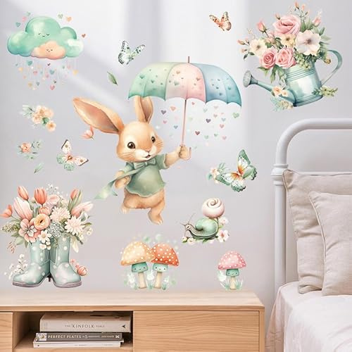 Fufuquare Pegatinas de Pared de Conejos Caricaturas Adorables Murales de Pared Eliminables con Flores Setas Paraguas y Corazones para Cuartos de Niños Guarderías y Aulas