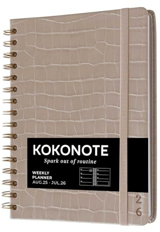 Kokonote Agenda escolar 2025-2026 Semana Vista A5 Caiman Gray Agenda Universitaria Curso 2025 2026 : Cubierta Piel sintética | Con Pegatinas y Apartados funcionales