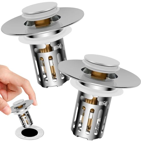 2Pcs Sink Plug Suitable for 25mm to 47mm Pop Up Click Sinks Plugs with Removable Stainless Steel Filter Basket Brass Core Press Fit Sink Odour Stopper Washbasin Fitting