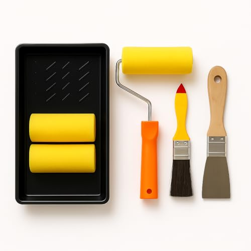 6 Piezas Rodillo Pintura Pared, Rodillos Para Pintar Paredes con Bandeja con Bandeja Mango Ergonómico, Paint Roller Ideal para Paredes y Techos, Rodillo + dos recambios + espátula + pincel (Espuma)