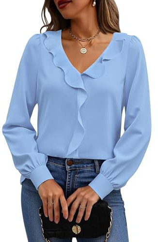 Halife Ruffled Tops for Women Trendy Work Ruffle V Neck Long Sleeve Shirts Fall Winter Blouses Sky Blue XL