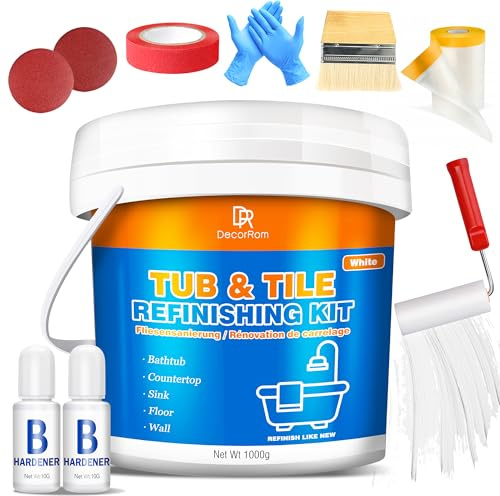Pintura para bañera blanca de 1000g, pintura para azulejos, azulejos de baño, plato de ducha kit de renovación de bañera y lavabo, baño impermeable y resistente a los arañazos con herramientas