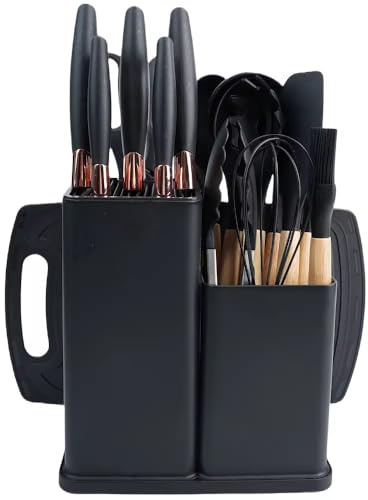 19 PCS Silicone Kitchen Utensils Set | Non-Stick, Heat-Resistant Cooking Utensil Set | Silicone Spatula, Spoon, Tongs, Ladle Set with Utensil Holder | Kitchen Accessories with Wooden Handles (Black)