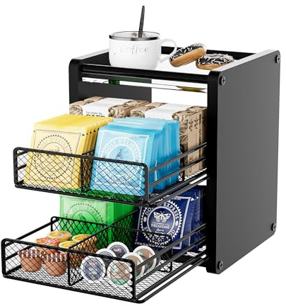 THYGIFTREE Teebeutelhalter, Tee Aufbewahrung Teebeutel Organizer mit 2 Schubladen, Teeregal Stehend aus Holz, Teebeutelspender für Küche, Arbeitsplatte, Büro, Teestation (Schwarz)
