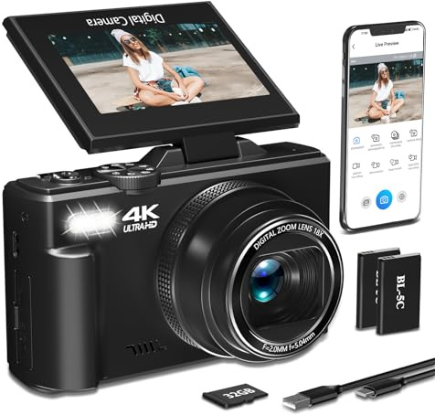 Fotocamera digitale 4K per fotografia, fotocamera Vlogging da 64 MP per YouTube con schermo flip da 3 pollici a 180°, zoom digitale 18X HD autofocus fotocamera compatta con WiFi, flash, scheda TF da