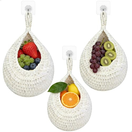 mimzemamz Corbeille Fruit,Panier Fruit Décorative avec 3 Crochets,Panier Suspendu Corde en Coton Tissée à la Main pour Cuisine,Salon,Salle de Bain,Chambre à Coucher,3 Pièces