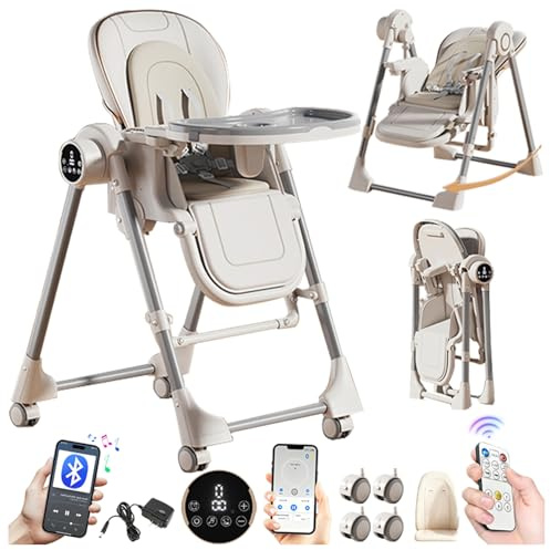 Magic ZC Eléctrico Bluetooth Inteligente Cuero PU Trona para Bebé Silla de Comedor para Alimentación de Niños Pequeños Plegable Convertible con Alturas Ajustables y Posiciones (E8121 White)